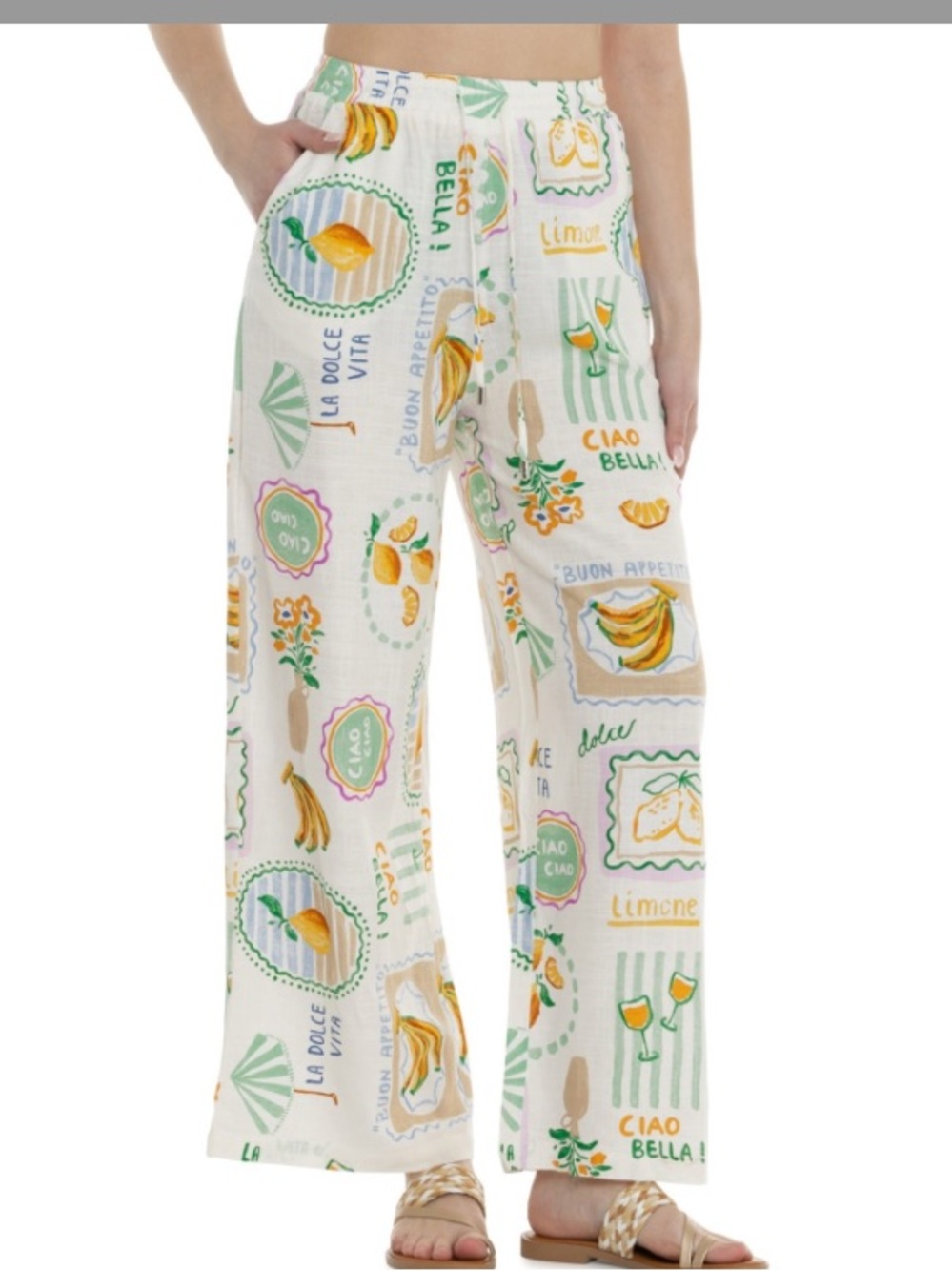 Label of Love Ciao Bella Lemon Print Wide Leg Linen Blend Pants Size L Coastal